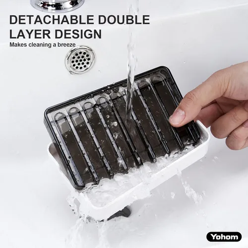 Miniatura 5 de YOHOM Jabonera adhesiva para colgar en la pared de la ducha con bandeja de drenaje, soporte de jabón para fregadero de baño, 2 unidades Negro
