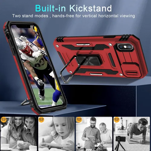 Miniatura 258 de DEERLAMN Funda para iPhone Xs Max con funda deslizante para cámara + protector de pantalla, soporte giratorio de anillo de grado militar a prueba