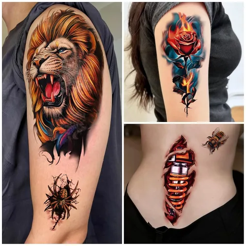 Miniatura 6 de 77 hojas de tatuajes temporales realistas en 3D para adultos y niños, cráneo, tigre, lobo, león, dragón, araña, serpiente, tatuajes temporales