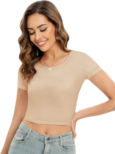 Miniatura 4 de Paquete de 4 camisetas cortas básicas ajustadas de manga corta para mujer, lindas camisetas cortas de moda con cuello redondo para mujeres