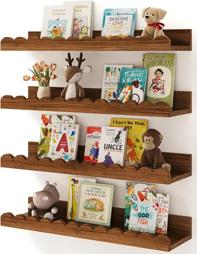 Shario Estantes para libros de guardería, paquete de 4 estantes flotantes para pared de niños, estantes festoneados, estantes de pared para