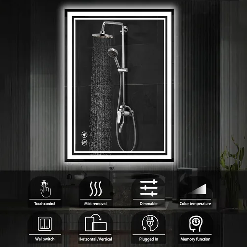 Miniatura 2 de Paquete de 2 espejos LED de baño de 24 x 36 pulgadas, espejo LED para baño, sin niebla, regulable, 3 colores, espejo de baño con luces, espejo