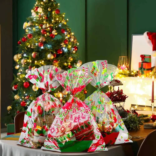 Miniatura 5 de Cholemy 30 Piezas Bolsas Grandes de Celofán para Canastas de Regalos de Navidad 19.7" x 27.6" Bolsas Jumbo Transparentes Rojas Verdes de Plástico