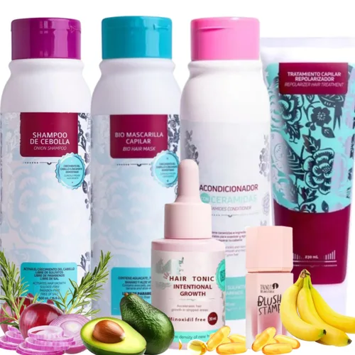 Kit Crecimiento Intensivo y Reparación: Champú de Cebolla, Biomascarilla Capilar, Acondicionador para Cabello, Tratamiento Repolarizador, Tónico