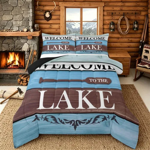 Miniatura 46 de Juego de ropa de cama King para casa del lago, juego de edredón de paleta de madera retro para regalos para amantes del lago, inserto de edredón