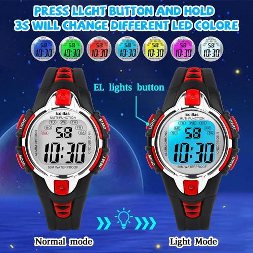 Miniatura 3 de Edillas Relojes digitales para niñas y niños, reloj de pulsera de 7 colores para niños, impermeable, deportivo, al aire libre, multifuncional