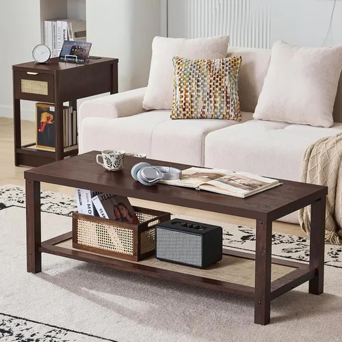 Miniatura 10 de Lerliuo - Mesas de café boho para sala de estar, mesa central de ratán con estante de almacenamiento abierto, madera natural