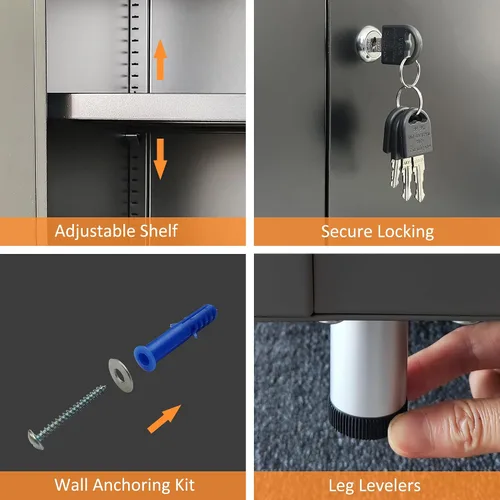 Miniatura 5 de Armario de almacenamiento de metal con puertas de bloqueo y estante ajustable, pequeño aparador con cerradura para el hogar, oficina, entrada, Negro