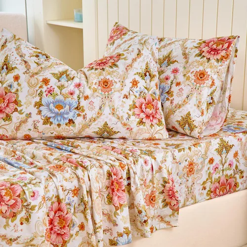 Miniatura 41 de Zusbest Juego de sábanas florales de 100 % algodón percal, color naranja y amarillo, juego de sábanas suaves y transpirables con diseño botánico