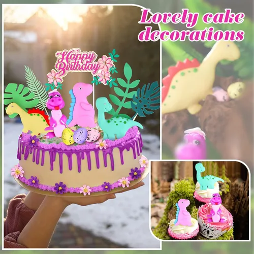 Miniatura 5 de 35 piezas de decoración de pastel de dinosaurio con hojas de macaron modelo rosa para niñas, decoración de pastel de dinosaurio para fiesta