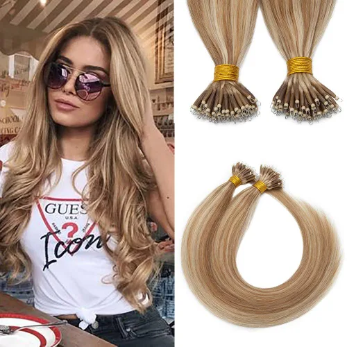 Miniatura 27 de SEGO Extensiones de cabello humano con micro cuentas, extensiones de cabello humano con micro bucle, lacio, natural, fusión fría, 1.76 oz/paquete