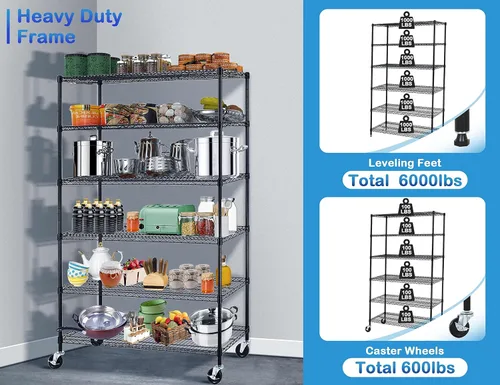 Miniatura 4 de Estantería metálica de 6000 libras de capacidad, estantes ajustables de 6 niveles para almacenamiento, estante de alambre de grado comercial Cromado