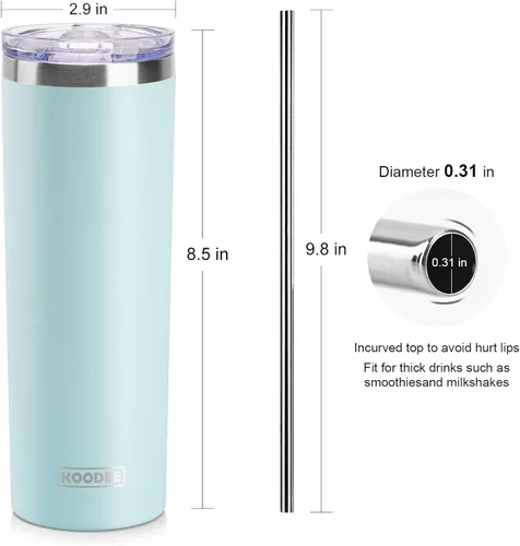Miniatura 5 de koodee Vaso Tumbler Delgado de Acero Inoxidable de 20 oz con Aislamiento de Doble Pared, Vaso Tumbler Delgado para Agua para Café, Té (Azul Bebé)