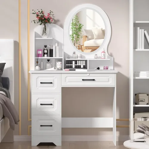 Miniatura 5 de Pequeño escritorio de maquillaje con espejo LED deslizante y almacenamiento oculto, juego de mesa de tocador con cajón de almacenamiento y silla