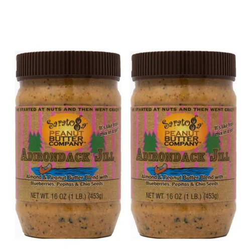 Saratoga Peanut Butter Company Adirondack Jill AlmondPeanut Blend con arándanos Semillas de chía Canela Miel Pepitas. Tarro de 16 onzas. Sin gluten,