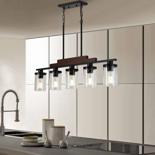Lámpara de comedor sobre la mesa, lámpara de araña sobre la isla de cocina de estilo granja, lámpara de araña rectangular lineal rústica en negro