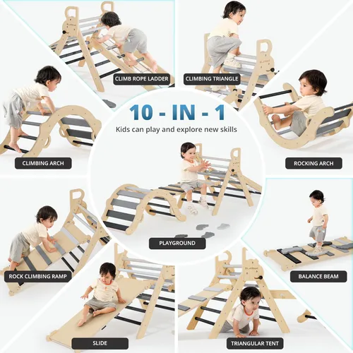 Miniatura 5 de BlueWood Juego de Triángulo Pikler 10 en 1, Juguetes de Escalada para Niños Pequeños de Interior, Escalador Montessori, Gimnasios de Selva