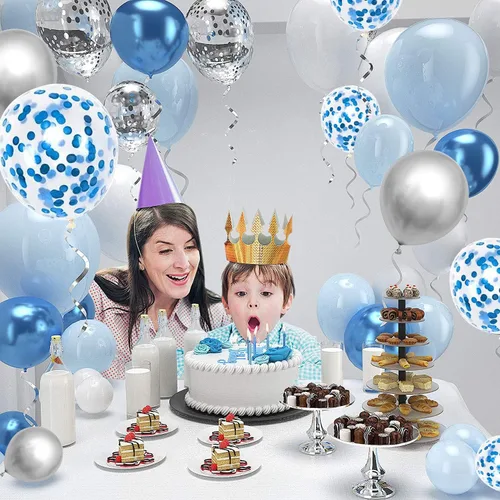 Miniatura 5 de 60 globos de confeti azul plateado y blanco de 12 pulgadas, globos de color blanco azul claro, globos plateados metálicos, globos de confeti