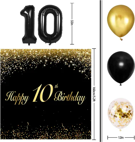 Miniatura 2 de Globos de Feliz 10 Cumpleaños Negros Set Decor - Saludos a la Fiesta de 10 Años de Edad, Guirnalda, Bandera, Telón de Fondo, Decoraciones