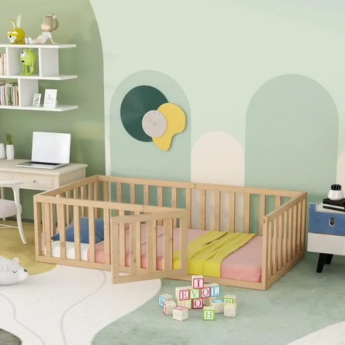Miniatura 16 de Cama de suelo para niños tamaño Queen con valla, cama de madera con puerta, barandillas en forma de valla, cama de valla para niños, fácil montaje
