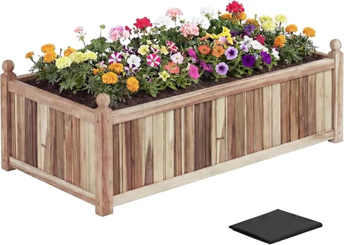 Miniatura 14 de Giantex Cama de jardín elevada de madera, cama de plantación con drenaje de esquina, forro no tejido para cultivar verduras, flores, hierbas