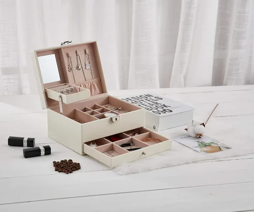 Miniatura 7 de goldwheat Joyero organizador de cuero de dos capas con espejo de cerradura para mujeres y niñas, estuche de viaje, almacenamiento de exhibición