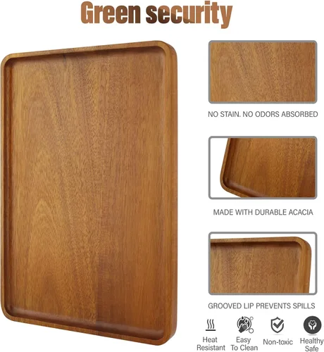 Miniatura 3 de 2 piezas de bandejas de madera de acacia maciza de 13 x 9 pulgadas, fuentes rectangulares de madera natural para bar, café, fiesta