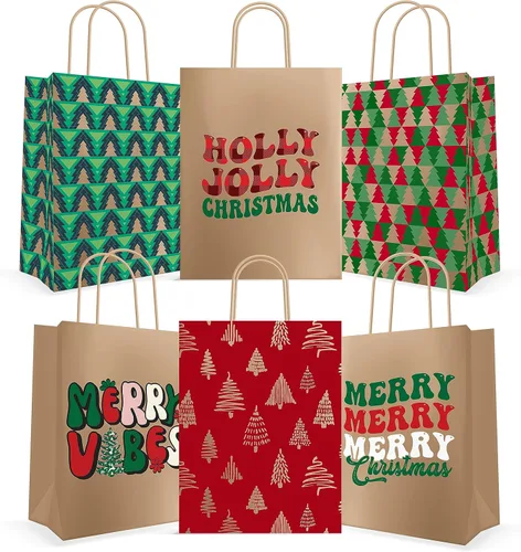 Miniatura 8 de EasyKart - Bolsas de regalo de papel kraft – 30 bolsas de regalos de Navidad, 6 diseños, regalos para el aula y fiestas (9 x 7.3 x 3.3 pulgadas)