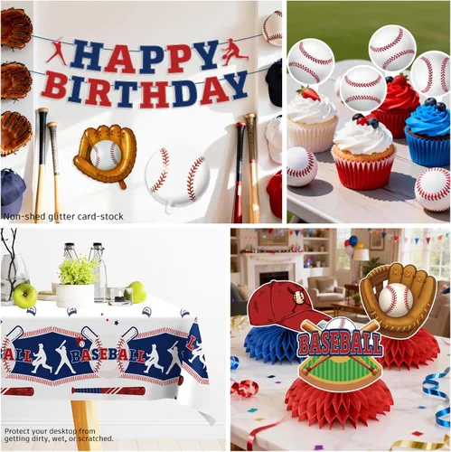 Miniatura 6 de Xynic Juego de vajilla de 202 piezas de decoración de cumpleaños de béisbol para 25 invitados, decoraciones de fiesta de béisbol incluyen pancarta