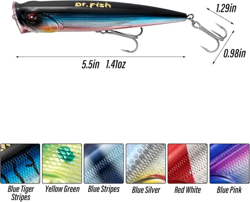 Miniatura 2 de Dr.Fish Popper - Señuelos de pesca de agua salada, 4/5.5 pulgadas GT Popper VMC anzuelos agudos señuelos de pesca para lubina, lucio, salmón en alta