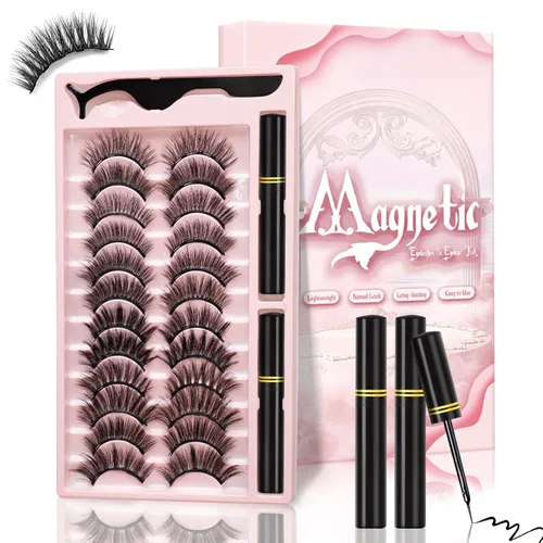 Kit de pestañas magnéticas y delineador de ojos, 12 pares de pestañas magnéticas diferentes de aspecto natural 3D con delineador de ojos y pinzas,