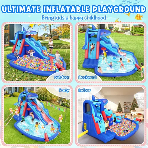 Miniatura 4 de AKEYDIY Toboganes acuáticos inflables, estilo tiburón, parque acuático inflable al aire libre con escalada, borde de baloncesto, piscina