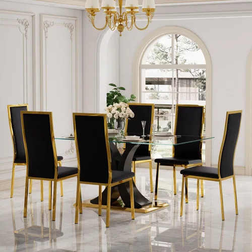 Miniatura 16 de Moderno juego de mesa de comedor rectangular de vidrio para 4, 63 pulgadas, mesa transparente de cocina de lujo con base negra y dorada, 4 sillas