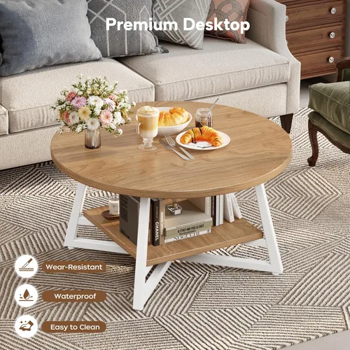 Miniatura 6 de Mesa de Café para Sala de Estar, Mesa de Café Redonda, Mesa de Café Pequeña Circular con Almacenamiento, Mesa Central Redonda Moderna de Madera