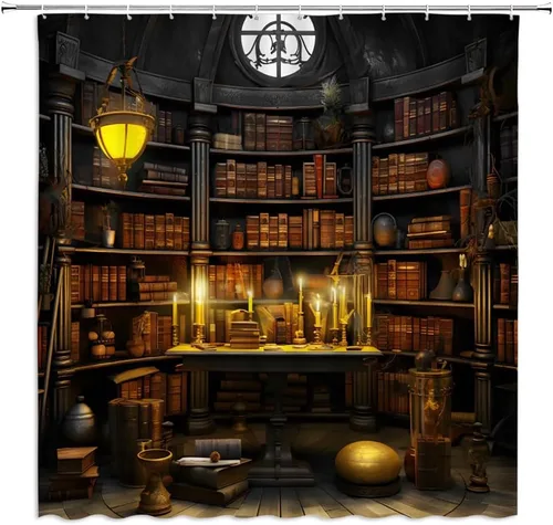 Cortina de ducha de biblioteca vintage, estantería de madera, libros antiguos mágicos, estantería, retro, vela, luz educativa, decoración de baño,