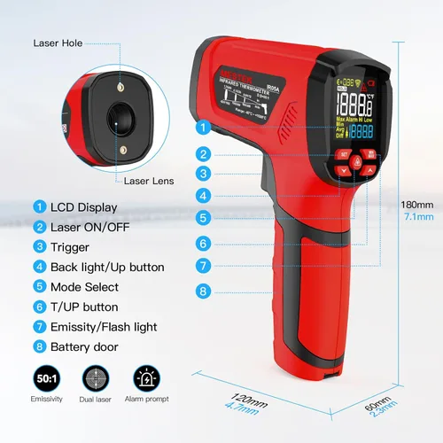 Miniatura 7 de 40℉~2912℉ Termómetro infrarrojo MESTEK Pistola de alta temperatura, termómetro láser dual 50:1/sonda K de 14°F a 932°F, pistola de temperatura IR