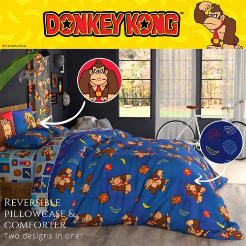 Miniatura 5 de Franco - Juego de ropa de cama coleccionable Nintendo Donkey Kong, 7 piezas, edredón reversible supersuave y juego de sábanas con funda, tamaño Rojo
