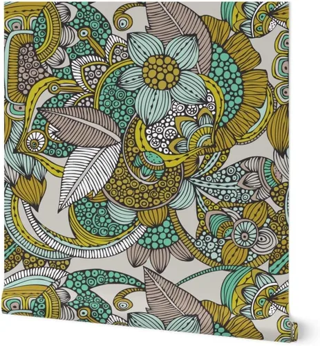 Muestras de papel tapiz para despegar y pegar, mostaza, menta, flores, garabatos, líneas, puntos, círculos, estilo vintage, bohemio, papel tapiz