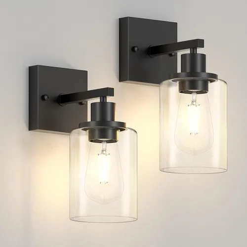 Licperron Juego de dos apliques de pared negros para tocador, modernos apliques de iluminación de pared con pantalla de vidrio transparente para