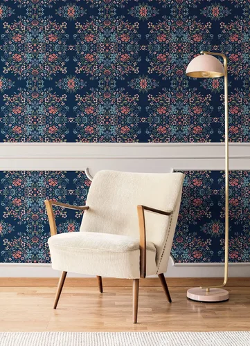 Miniatura 4 de RoomMates RMK12587PLW - Papel tapiz para despegar y pegar con diseño floral de medallón azul
