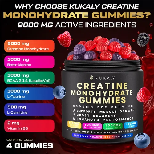 Miniatura 3 de kukaly Gomitas de monohidrato de creatina para hombres y mujeres, gomitas de creatina de 9000 mg sin azúcar, sabor mezclado con L-taurina, BCAA 2:1