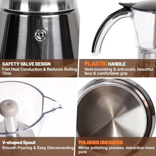 Miniatura 5 de Olla eléctrica Moka de 3 a 6 tazas de 5.1-10.1 fl oz de plástico transparente, cafetera portátil de acero inoxidable, cafetera italiana, máquina