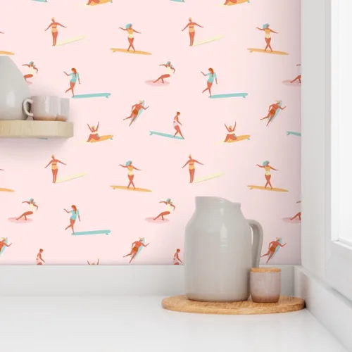 Miniatura 8 de Despegar y pegar papel tapiz Swatch - Chicas Surfers Rosa Surfing Girl Sport Hawaii Retro Ocean Nautical Beach Papel pintado personalizado extraíble