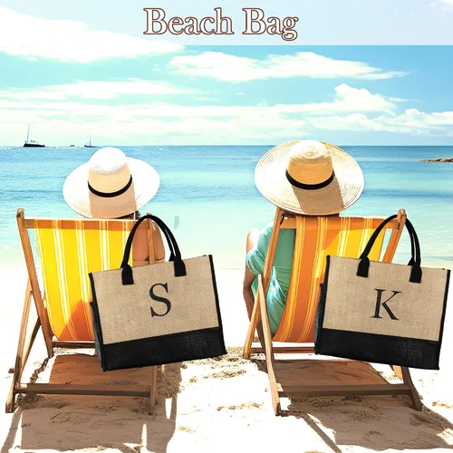 Miniatura 6 de Bolsa de yute con inicial, bolsa de playa de arpillera, regalos de cumpleaños personalizados para mujeres, profesores, mamá, regalos de dama de honor