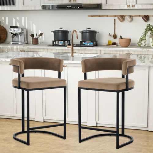 Miniatura 24 de Modern Barrel - Juego de 2 taburetes de bar de terciopelo de 24 pulgadas con respaldo y brazos cómodos, silla de isla de cocina tapizada de sherpa