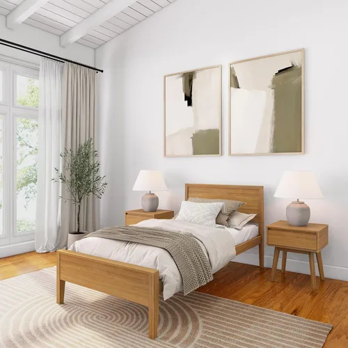 Miniatura 25 de Plank+Beam Estructura de cama individual de madera maciza, cama plataforma con cabecero, color nogal