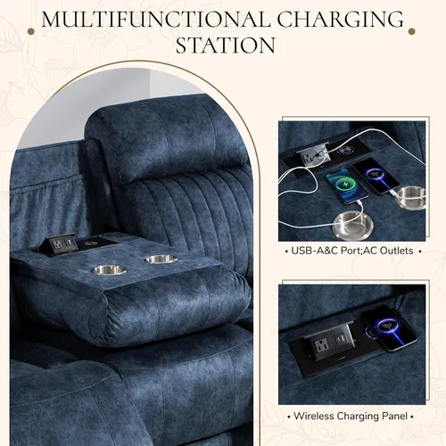 Miniatura 5 de Sofá reclinable eléctrico con gravedad cero, sillón reclinable eléctrico con reposacabezas ajustable, carga inalámbrica, puertos USB/C, sofá Azul