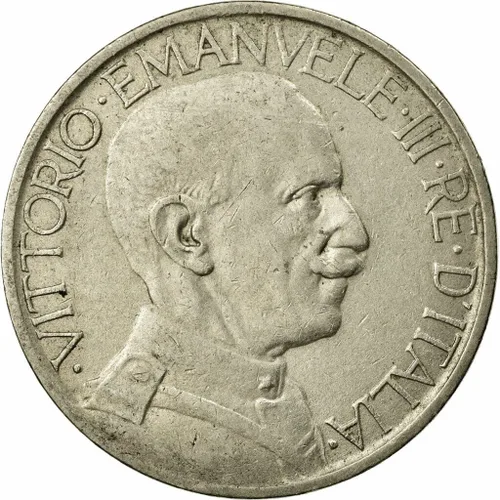 Miniatura 2 de 1923-1927 Moneda italiana grande de 2 liras. Moneda del Reino de Italia, emitida bajo el rey Vittorio Emanuele III. Níquel de cobre clasificado por