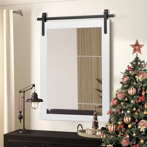 Espejo de baño de granja, espejo cuadrado rústico blanco para pared, espejos de tocador con marco de madera, decoración estilo puerta de granero,