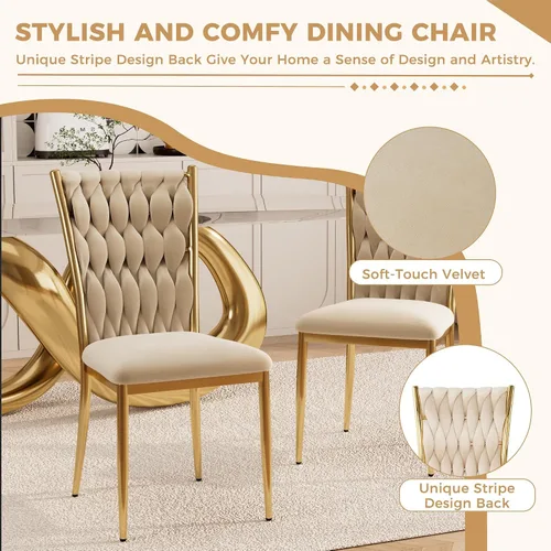 Miniatura 7 de Juego de 2 sillas de comedor de terciopelo, modernas sillas de cocina tejidas con patas de metal dorado, cojín tapizado con respaldo alto